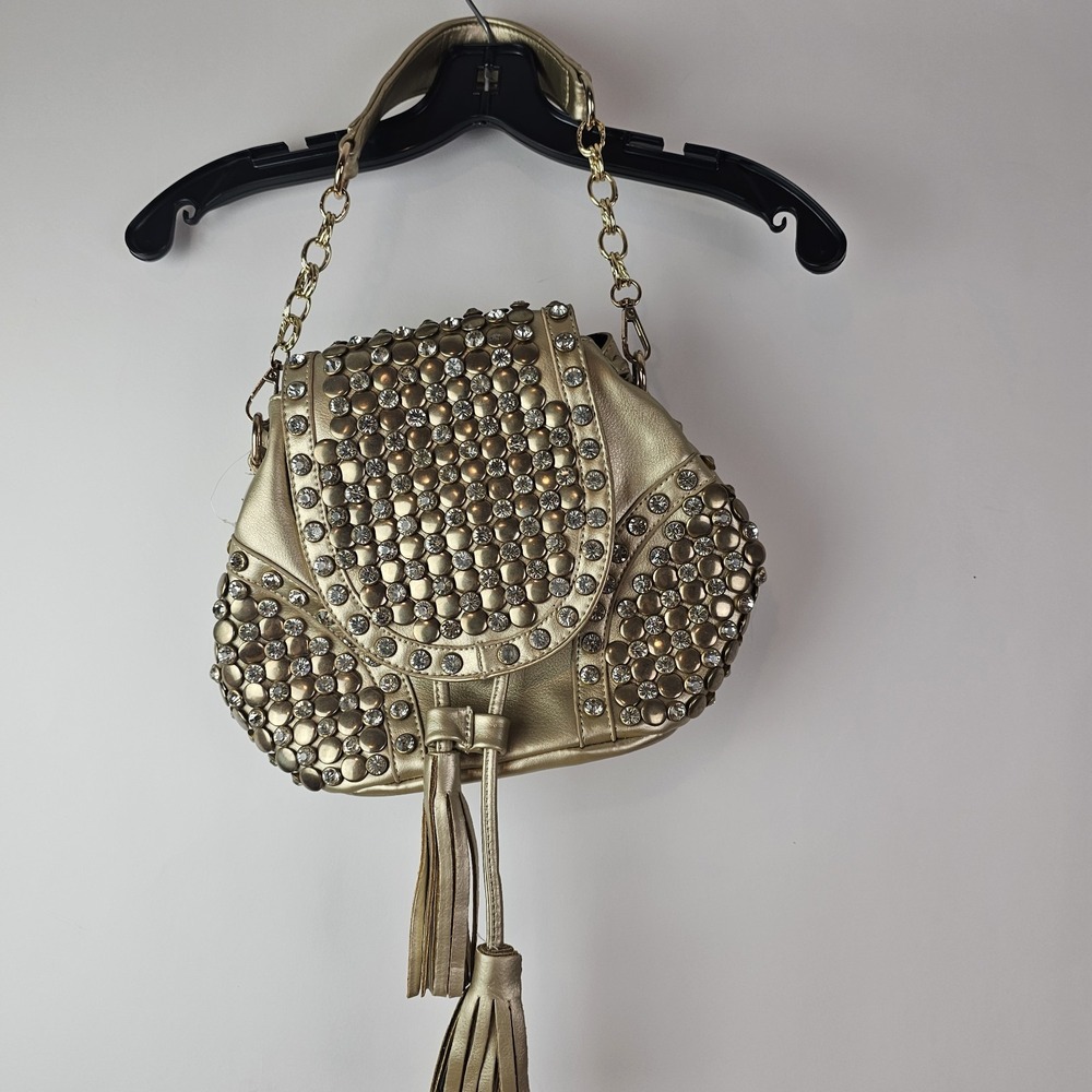 Gold & Rhinestone Satchel Handbag Purse Shoulder Bag Heavy Glam Leather Vegas